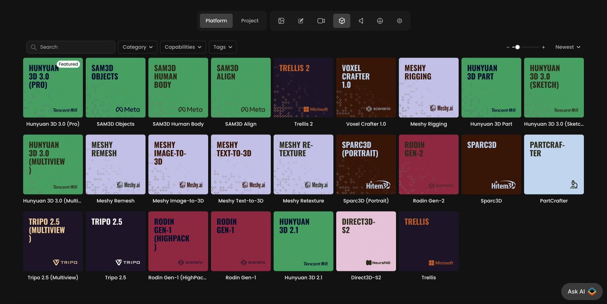 If you need a scalable, versatile platform for all your 3D needs: Scenario has the largest lineup of generative 3D models.

25 models, 10 providers... Hunyuan, Rodin, Meshy, Trellis, Tripo &amp; more.

One UI for the artist. One API for the developer. 🫡

app.scenario.com/3D/