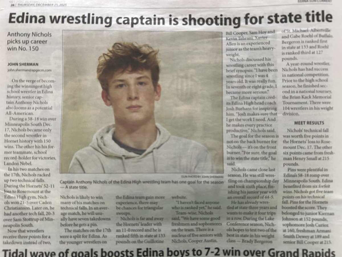 A nice write-up on senior Anthony Nichols getting his 150th career win.  Anthony also comes in at #4 at 133lbs in the newest Guillotine rankings!
theguillotine.com/2025/12/the-gu…
