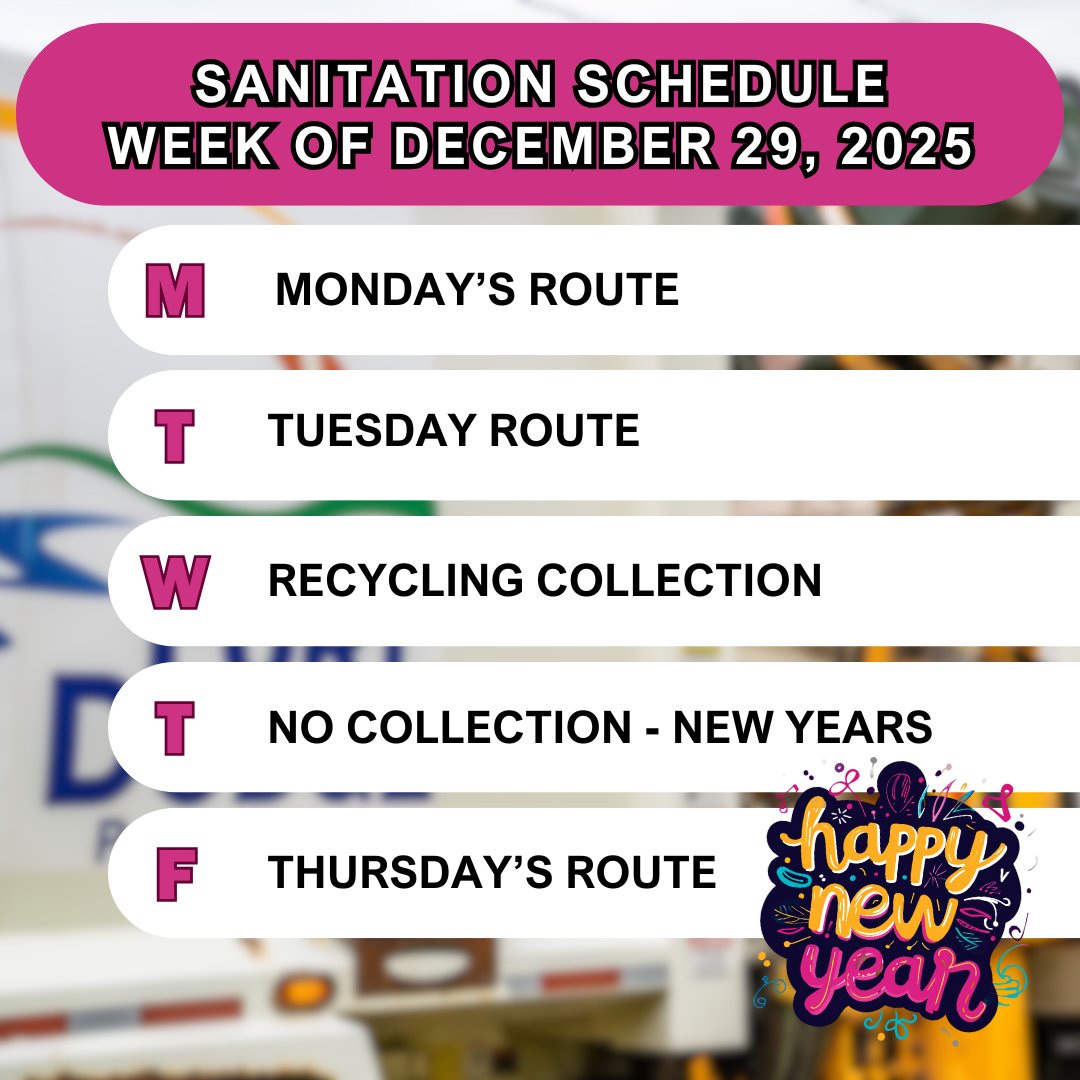 FDCITY's tweet image. 🗑️ Heads up, Fort Dodge! The New Year’s holiday means a small shift in the trash schedule.

Thursday trash pickup will take place on Friday next week. Please have carts to the curb by 5 a.m. Friday.

Thanks for your patience, and Happy Holidays!