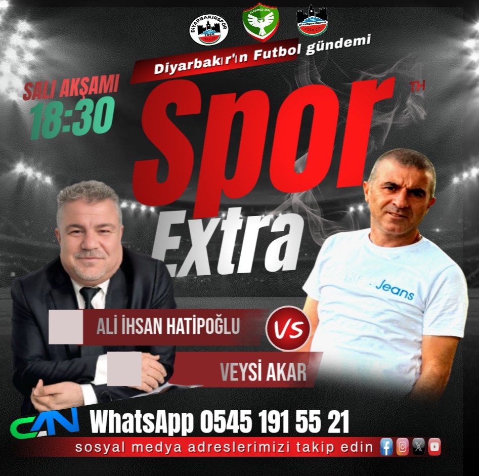 Ali İhsan Hatipoğlu ve Veysi Akar ile Spor Extra Programı Her Salı Akşamı 18.30 'da Can TV'de sizlerle 

#spor #sport #futbol #amed #Amedspor #diyarbekirspor #diyarbakırspor