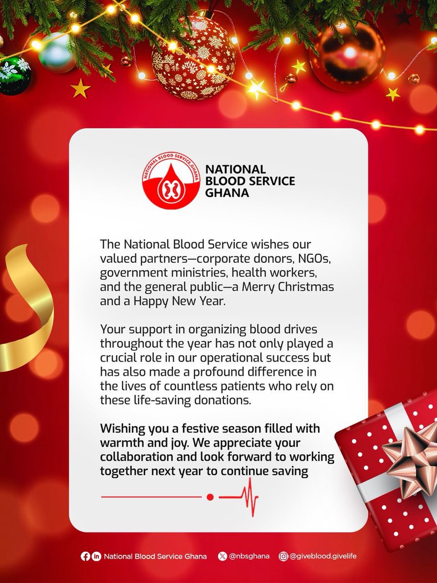 A special one to all our valued stakeholders…Merry Christmas and a Prosperous New Year🔥

#NationalBloodServiceGh
#GiveBloodSaveLives
#iPledgeToDonate