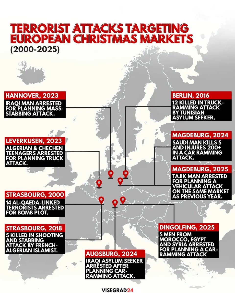 visegrad24's tweet image. 9 times foreigners carried out or tried carrying out mass-murders at European Christmas markets

Without mass-immigration, Europeans would be able to visit Christmas markets in peace