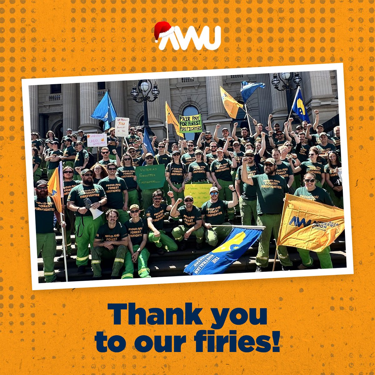 AWUnion's tweet photo. A huge thank you to the AWU firefighters, first responders, and emergency service workers keeping us all safe across Australia this Christmas, working overtime as many of us wind down for the summer break.
#AWU #AWUnion #ausunions #auspol https://t.co/CmCA7AKmpb