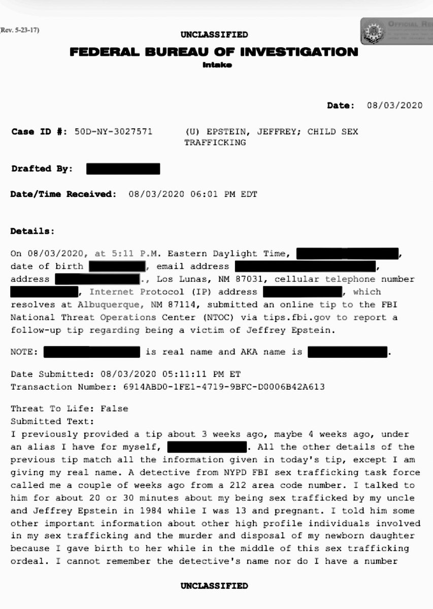 IAMFENYX's tweet image. BOMBSHELL UPDATE RELATED TO RELEASE OF EPSTEIN FILES.

Declassified documents released by the Department of Justice reveal that Jeffrey Epstein’s niece had contacted the FBI’s tip line in 2020 alleging she had also been a victim of trafficking at the hands of Donald Trump and…