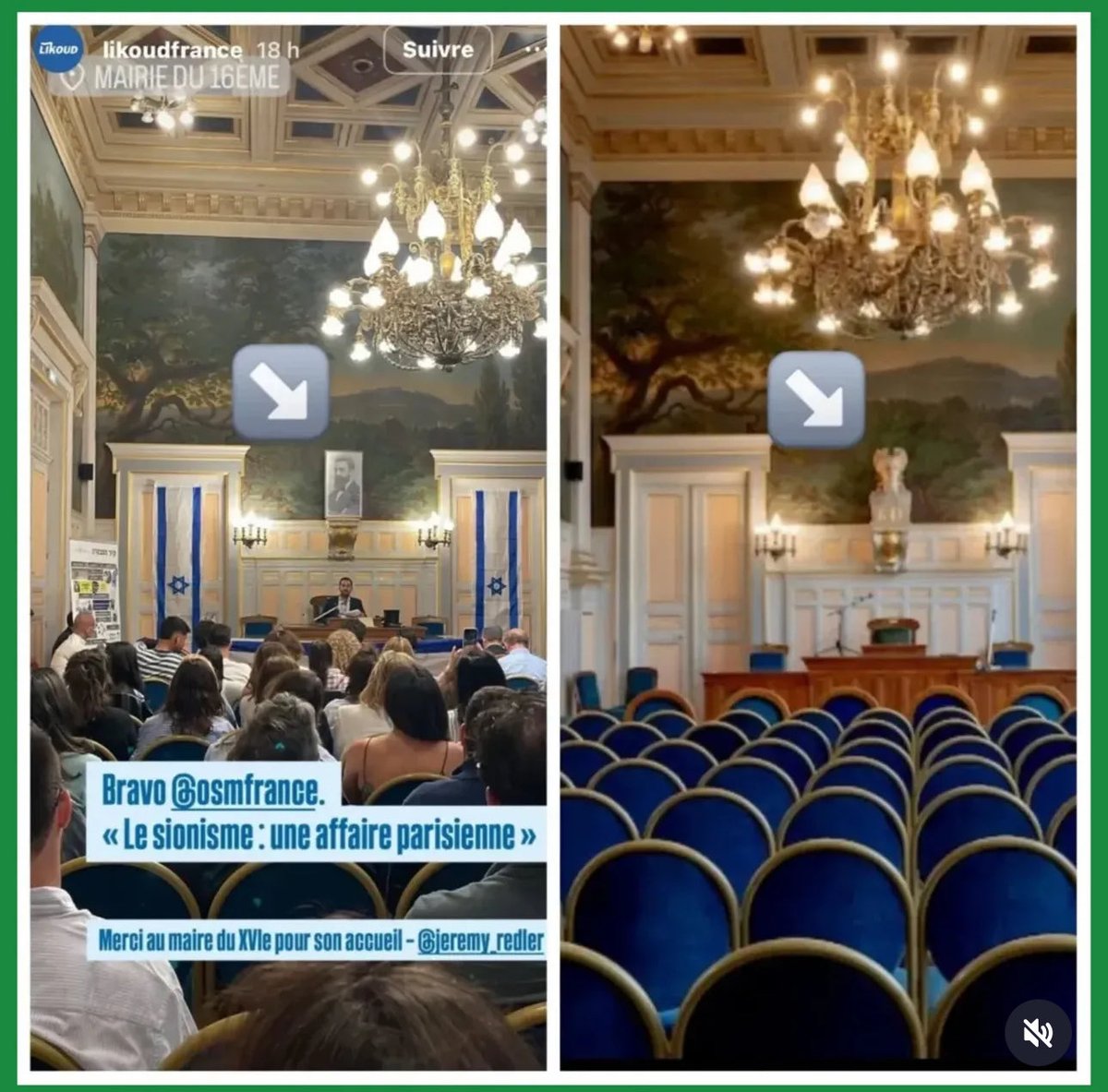 RimaHas's tweet image. Dans une story manifestement publiée par le compte likoud France on aperçoit une photo prise à la mairie du 16eme arrondissement de Paris accueillant un événement organisé par l’Organisation Sioniste Mondiale en France durant lequel un portrait de Herzl remplace le buste de…