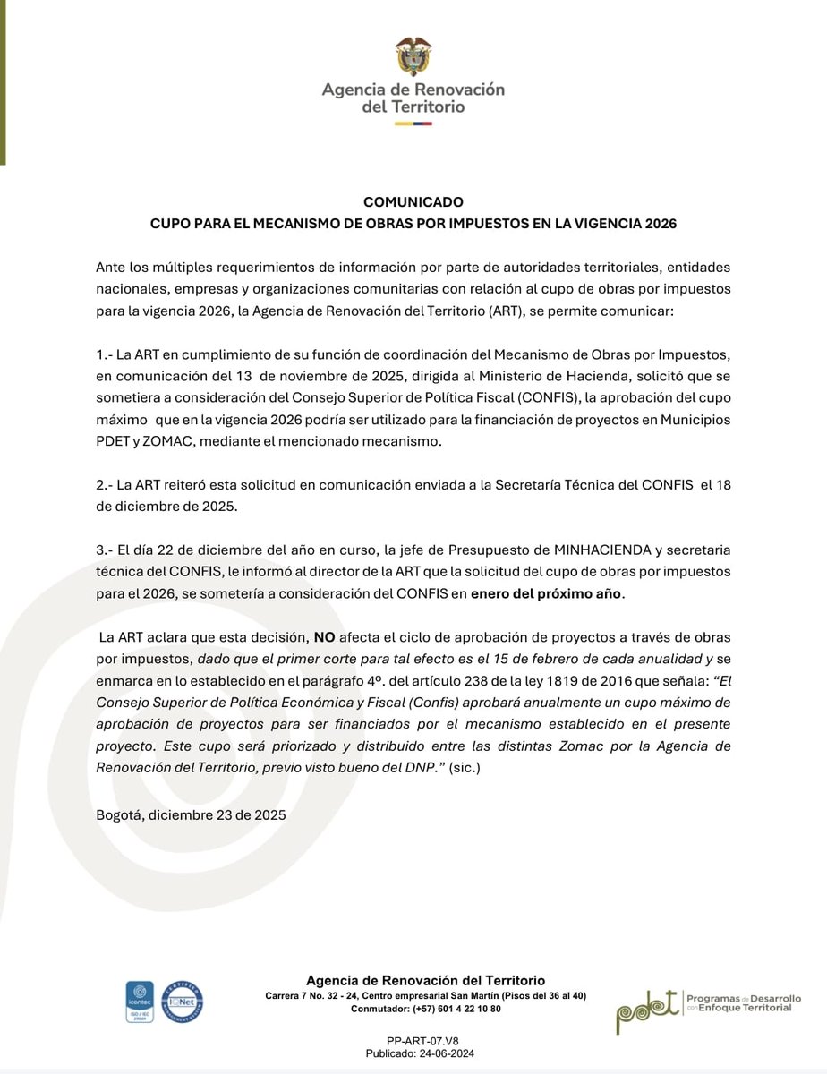 🔴 NOTICIA: Cupo para el Mecanismo de #ObrasXImpuestos en la vigencia 2026 <a href="/MinHacienda/">MinHacienda</a> <a href="/DNP_Colombia/">Departamento Nacional de Planeación</a>
