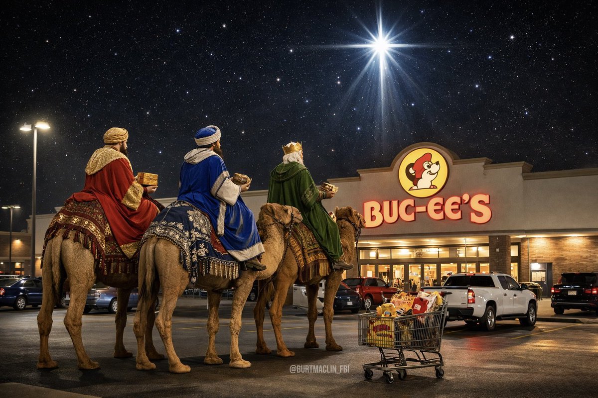 BurtMaclin_FBI's tweet photo. As Mary and Joseph make their way to Bethlehem, PA, the three wise men stop off at Buc-ee’s to pick up gifts for the new born king. Gifts like frankincense, myrrh, gold, half pound of brisket, beaver nuggets, fudge, a plush buc-ee’s stuffy and shirt. It’s my favorite story of Americas past time.