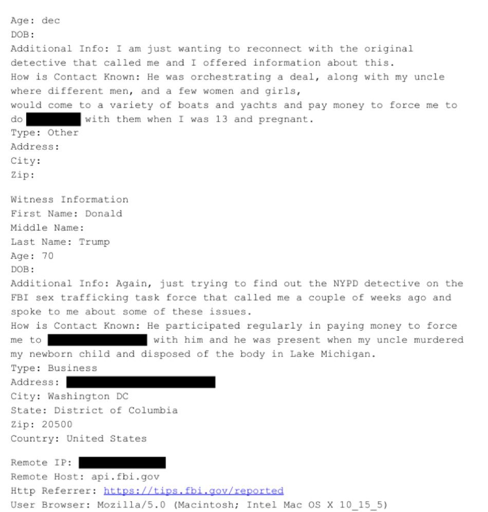 HazelVoteGreen's tweet image. according to an FBI tip found in the epstein files president donald trump allegedly raped a 13 year old girl who was pregnant at the time.

trump was also allegedly present when the newborn baby was murdered and thrown into lake michigan!

disgusting.

justice.gov/epstein/files/…