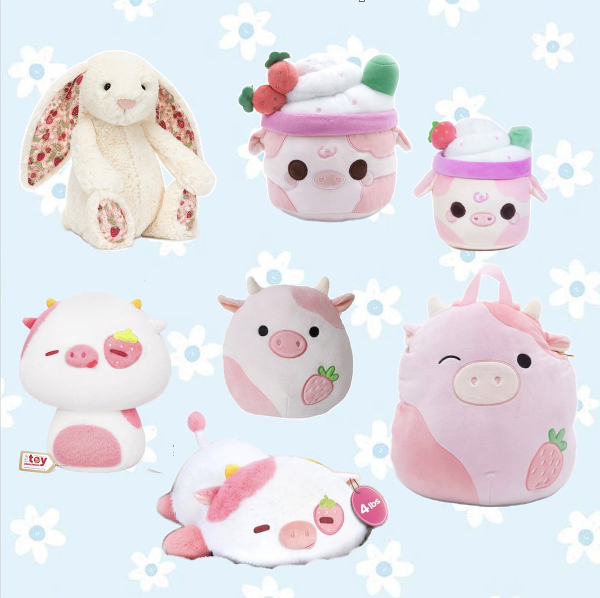 Gh0stly_Flower's tweet image. Some of my strawberry plushies since I ordered the bunny today. 🍓 I like how they are all strawberry cows besides the bunny. #strawberrycow #strawberrycows #mooshake #squishmallow #jellycat