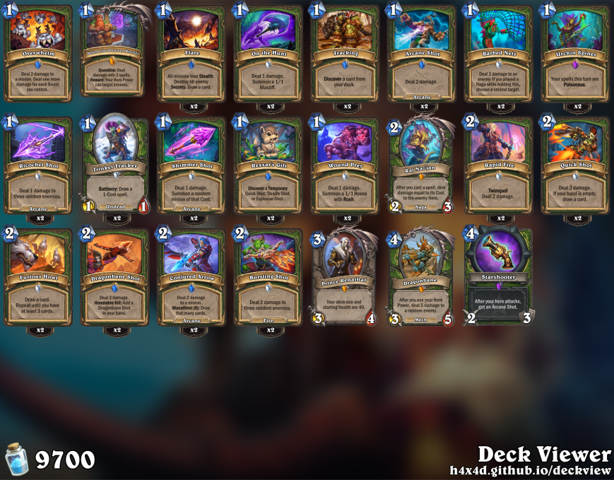 SidisiTV's tweet photo. December Wild Legend at 9x w my 2 favorite decks at a 70% overall WR:
β
Pew-Pew Quest w Trinket Trackers & 1 Starshooter this time (better into Objection this way)
β
Hydra OTK (unchanged)
#hs_hun #SidsLegend https://t.co/7BBKLklB9r
