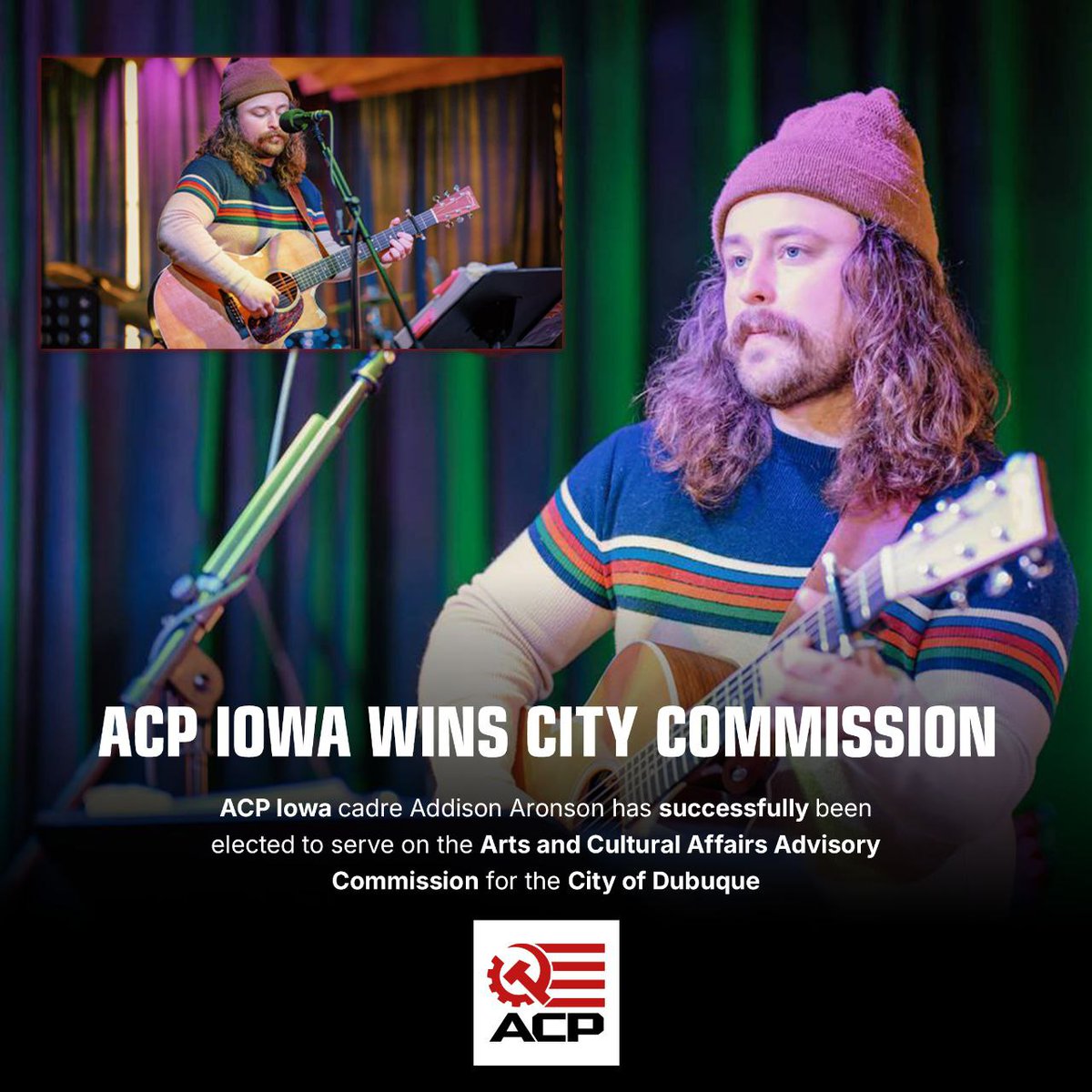 ACPMain's tweet image. ACP Cadre Addison Aronson has been appointed to a city council position with the Arts &amp;amp; Cultural Affairs Advisory Commission.

This appointment reflects our growing presence in local governance and our commitment to advancing working-class culture, community arts, and public…