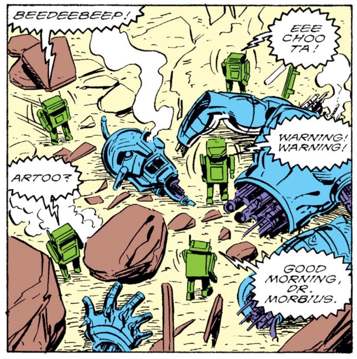 MarvelDailyArt's tweet image. Can you figure out all the robot references from this panel? I’ll give you a hint: “Eee choo ta!” is from The Empire Strikes Back. Oh, and “Good morning, Dr. Morbius” has nothing to do with Morbius the Living Vampire! #marvel #ironman #echuta