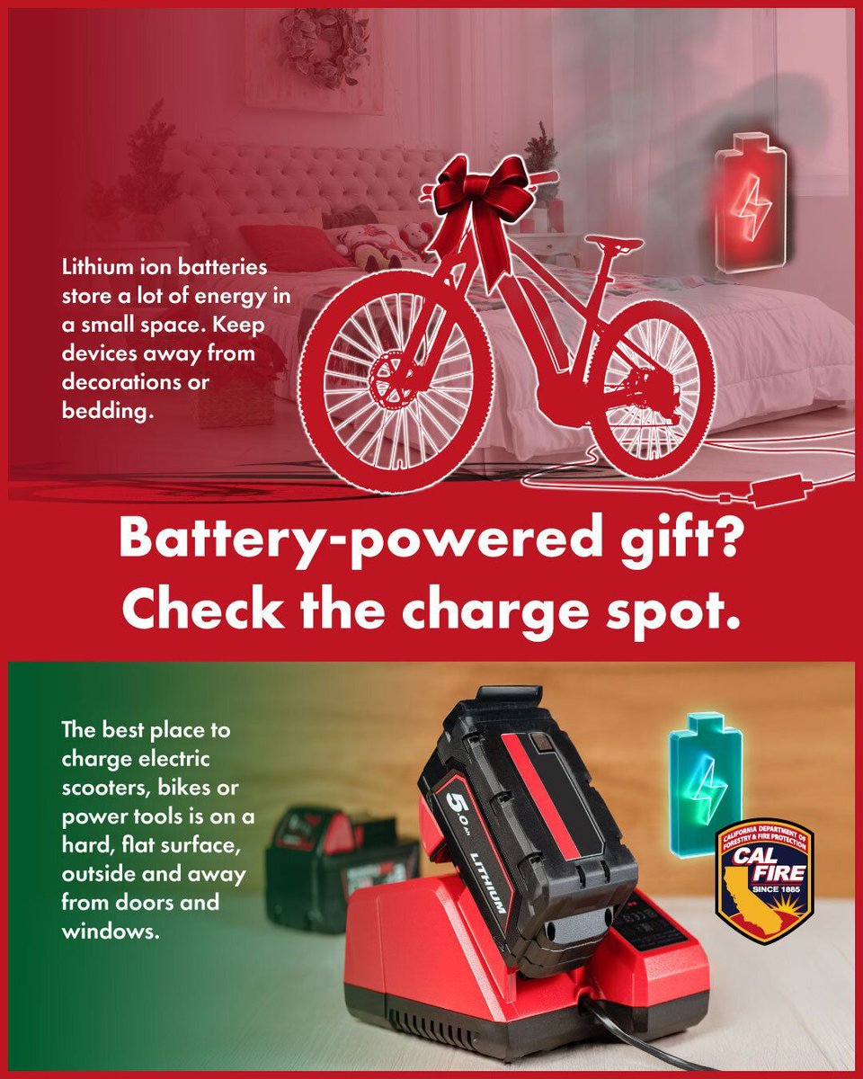If you give or receive a battery-powered gift this year, make sure it charges safely. 🎁

Lithium-ion batteries can run hot and pose a fire risk, so set up a safe charging spot to keep you and your home safe:
➡ Charge scooters, e-bikes, and power tools outside on a hard, flat,
