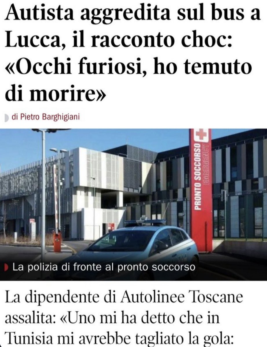 Lucca:
Due nordafricani ubriachi, con due bottiglie di vino aperte, pretendono di salire sull’autobus.
L’autista, donna, spiega loro gentilmente che non è possibile.

Uno dei due le risponde: «Put**na, se eri in Tunisia ti avevo già tagliato la testa». Poi l’aggrediscono