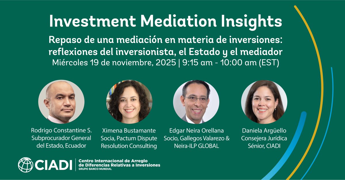 icsid's tweet image. If you are interested in investment mediation, check out our five expert-led webinars from 2025.

Dive into compelling conversations with seasoned mediators, featuring real case studies, practical know‑how, and the latest trends shaping the field: icsid.worldbank.org/services/media…