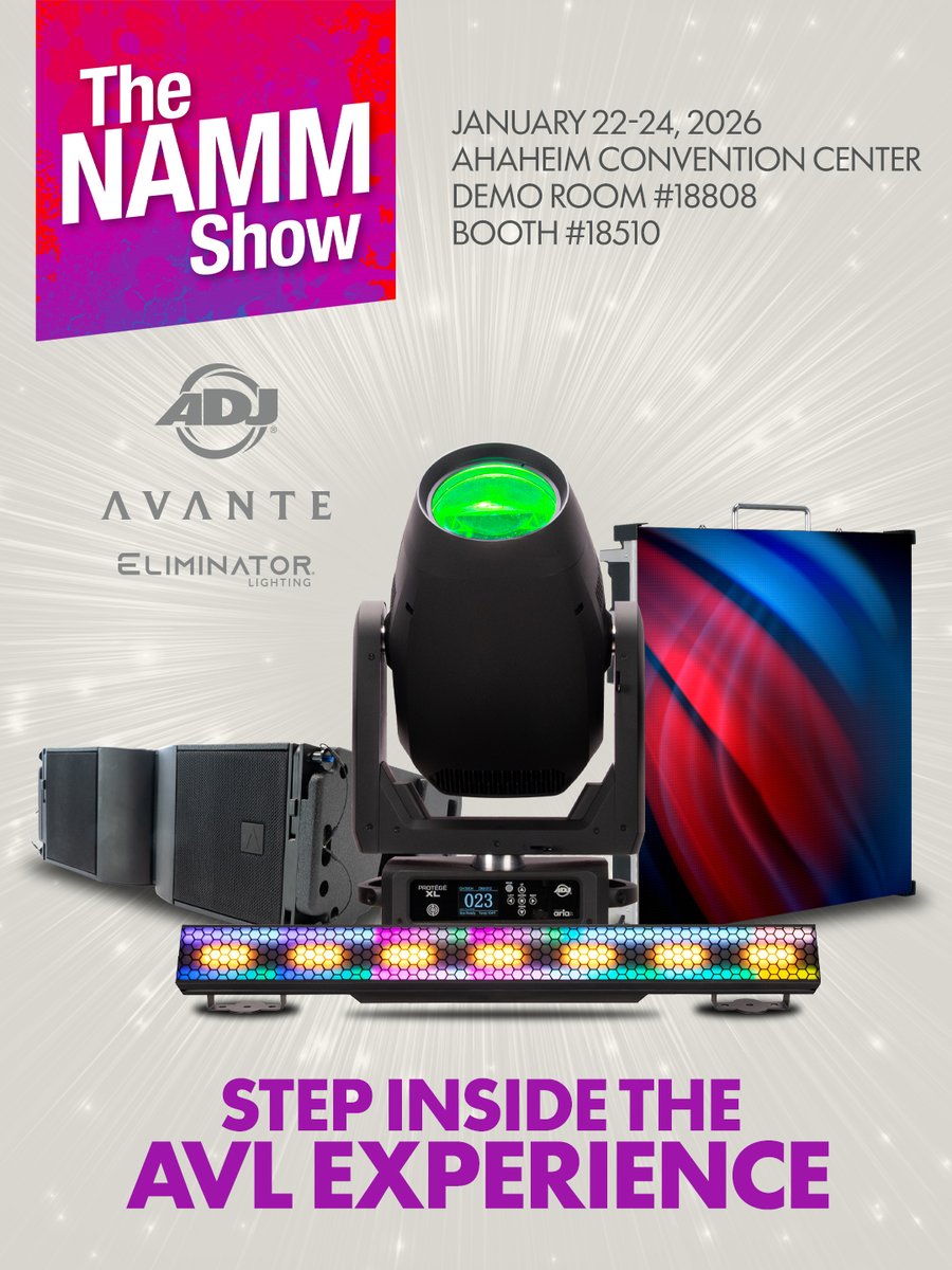 At <a href="/NAMM/">NAMM</a> 2026, ADJ Lighting, <a href="/avanteaudio/">Avante Audio</a> and Eliminator Lighting invite you into a fully immersive AVL Experience. Discover how professional lighting and audio systems come together to deliver unforgettable impact for live events and fixed installations. 
#adjlighting #namm2026