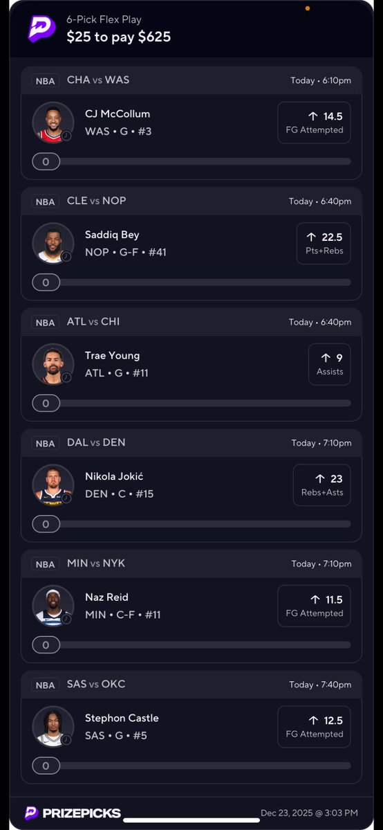 PricksPicks 6 Leg 🔥

Let’s Try To Go Back To Back 🤝🏻

#GamblingX | #PrizePicksNBA