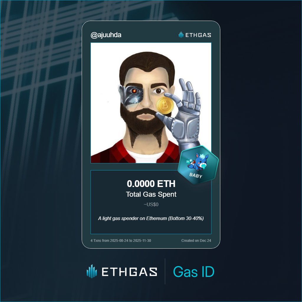 ajuuhda's tweet photo. Discovered my Gas ID via ETHGas - turning my gas spend into rewards 🫘

As a Baby Jack, I've spent 0 ETH on gas but earned 1 Beans back.

Get your Gas ID and Beans here: https://t.co/Zd8vOLYR5Z https://t.co/3i0cyd9Ywe