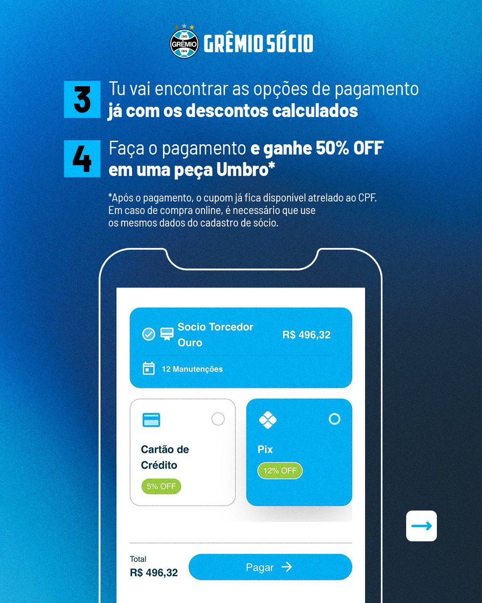 Te garante pra 2026, sócio! 🇪🇪
Confere o passo a passo pra fazer tua antecipação pelo portal do associado. Assim, tu já aproveita o desconto nas mensalidades e ganha um super cupom na GrêmioMania! 💙

Acessa o app1.socio.gremio.net/signin e antecipa já!