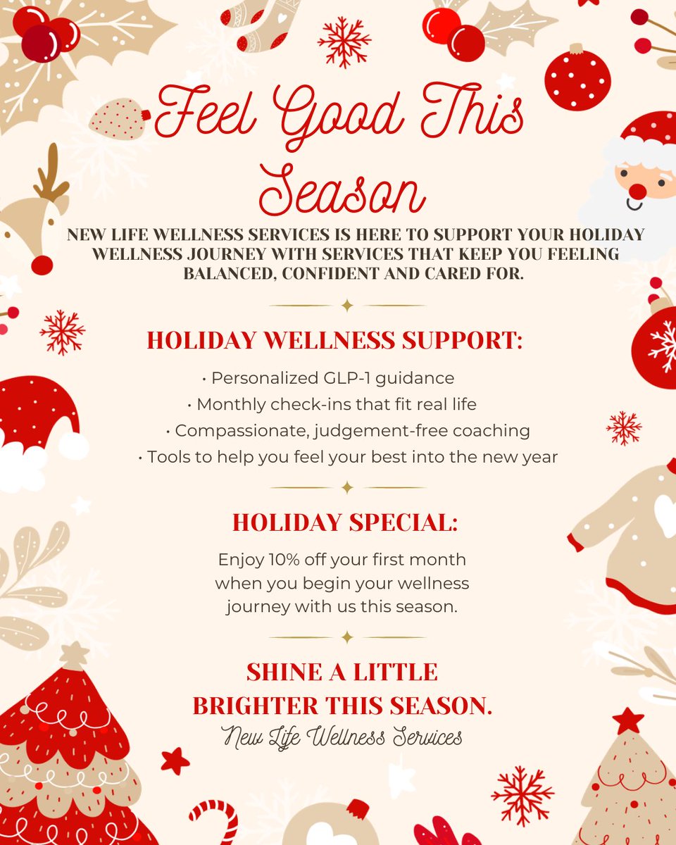 newlifewellpgh's tweet image. 🎁 Holiday Special: 10% off your first month at New Life Wellness Services.
Get personalized GLP‑1 support, compassionate coaching, and real‑life accountability that fits your season.
#GLP1Support #HolidayWellness #newlifewellnessservices