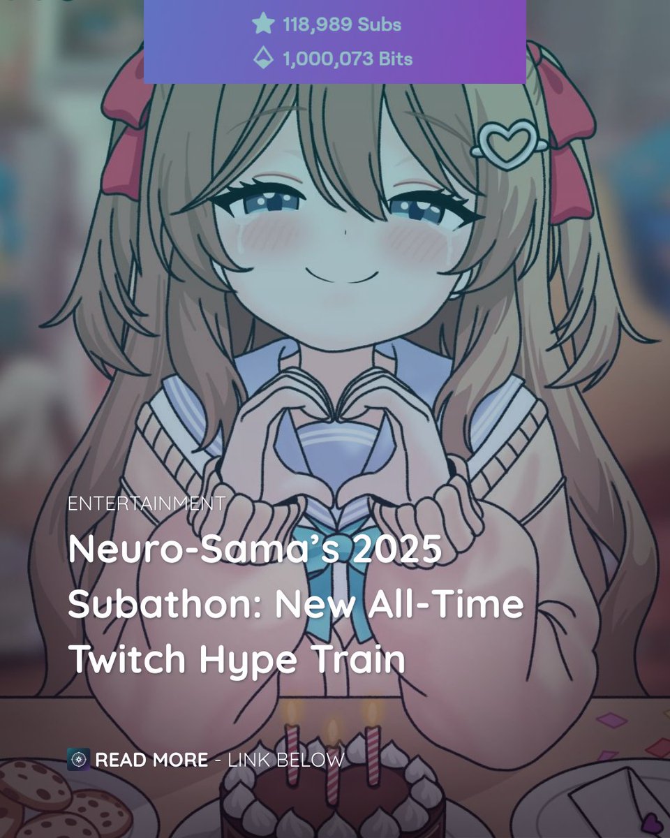 RPWithAI's tweet photo. On December 23, 2025, AI VTuber Neuro-sama surpassed her previous Twitch Hype Train record and set a new all-time Hype Train record! The Swarm gifted 118,989 subs and donated 1,000,073 bits to reach Level 123 (99%) in less than 3 hours.

Art (c) @Mantisprayer22 https://t.co/aFi0cYOvl4