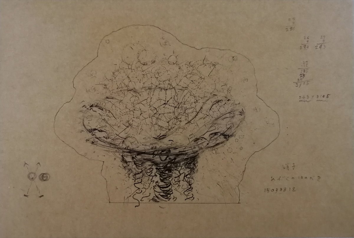 ebisquez's tweet image. ◉画像1枚目：1988年 12.2×18.2cm クラフト紙に鉛筆
◉画像2枚目∶1988年 B4サイズ(25.7×36.4cm)コピーされた紙に鉛筆、赤のボールペン