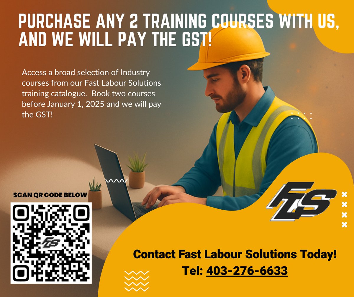 FastLabour's tweet photo. Certified Online Safety Training

Choose from 100's of courses, like:
• Indigenous Awareness
• Driver Training
• Equipment &amp; Safety Certifications
Get 2 courses – GST FREE*
Scan QR Code or Call us
*Must talk to FLS Personnel 

#FastLabourSolutions #SpiritOmega #TrainingCourses https://t.co/NyrN2Ic79E