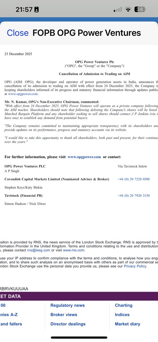 Another Cavendish delist <a href="/TheFCA/">Financial Conduct Authority</a> are you watching ? #trx <a href="/Tissue_Regenix/">Tissue Regenix</a> <a href="/FT/">Financial Times</a> <a href="/Cavendish_plc/">Cavendish</a> <a href="/opgpowergen/">OPG Power Generation Private Limited</a>