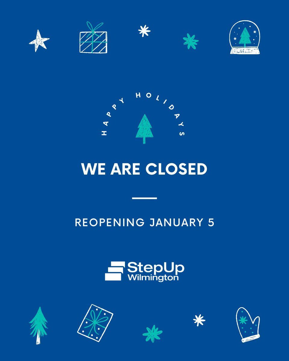StepUpILM's tweet image. 🎄 In the spirit of the festive season, StepUp Wilmington will be closed from December 24th until January 2nd.

We wish everyone a joyous holiday filled with warmth and laughter. See you in the New Year! 

#StepUpWilmington #HolidayClosing
