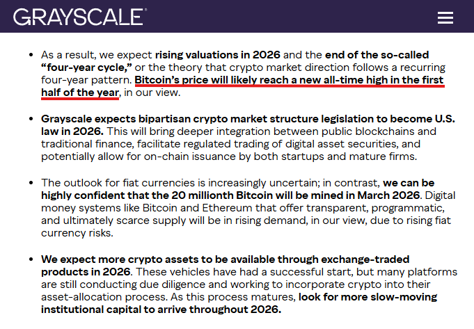 Cryptotea's tweet image. Grayscale predicts bitcoin will hit a new all-time high early 2026

They say banks and investment funds are starting to buy long term instead of trading short term

The four year cycle is a pattern, not a rule