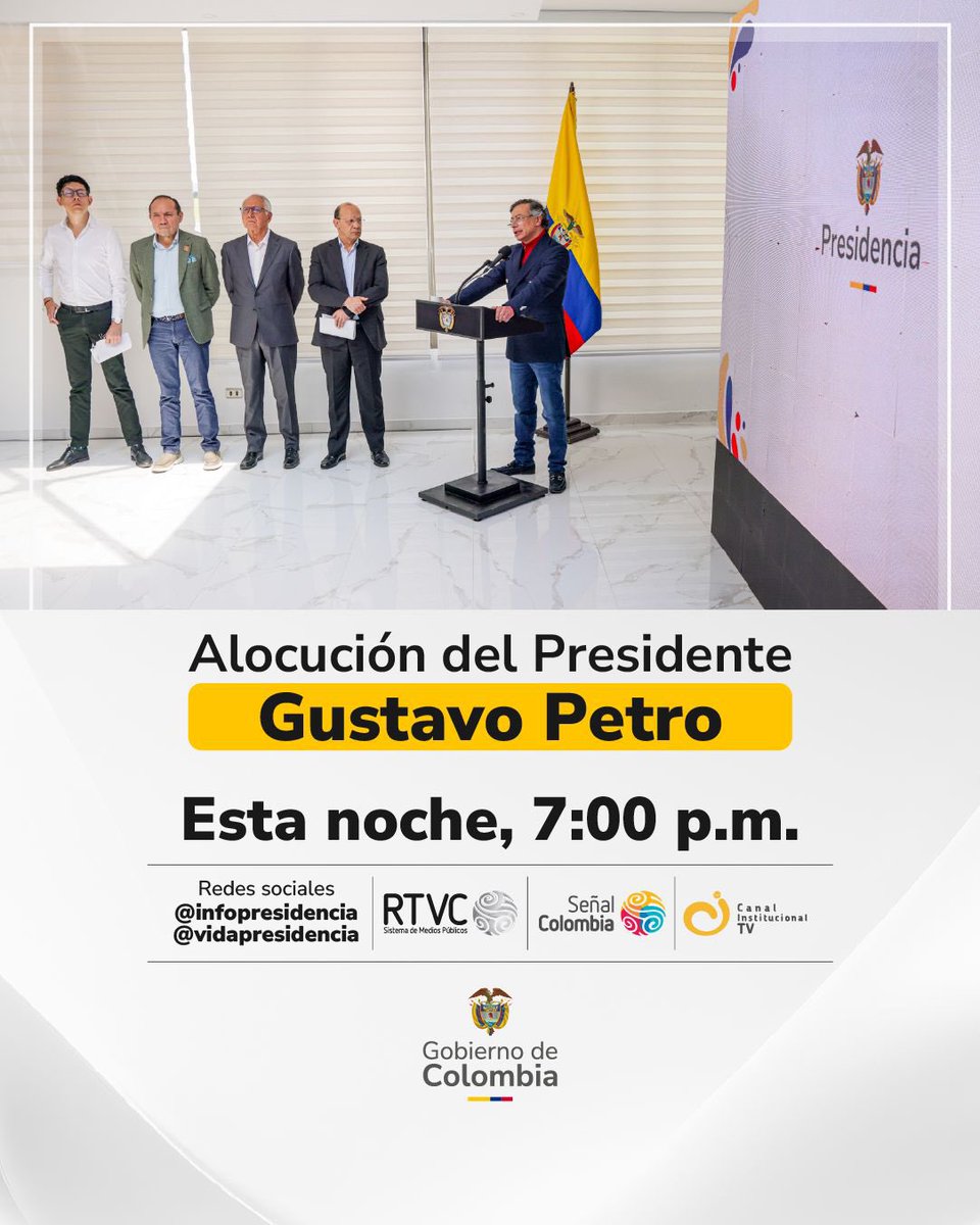 🚨 Esta noche, a las 7:00 p. m., el Presidente <a href="/PetroGustavo/">Gustavo Petro</a> se dirigirá al país a través de una alocución presidencial.

Conéctate por la redes sociales de <a href="/infopresidencia/">Presidencia Colombia 🇨🇴</a> o el canal de tu preferencia.
