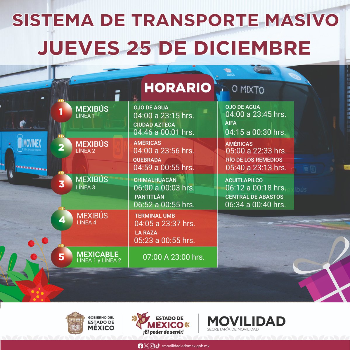 🚍👉Te compartimos los horarios de servicio que brindarán el #Mexicable y #Mexibús para este 24 y 25 de diciembre. #ElPoderDeServir
<a href="/delfinagomeza/">Delfina Gómez A.</a> 
<a href="/DanielSibaja_/">Daniel Sibaja</a> 
<a href="/Edomex/">Gobierno del Estado de México</a> 
<a href="/SEMOV_Edomex/">Secretaría de Movilidad GEM</a>