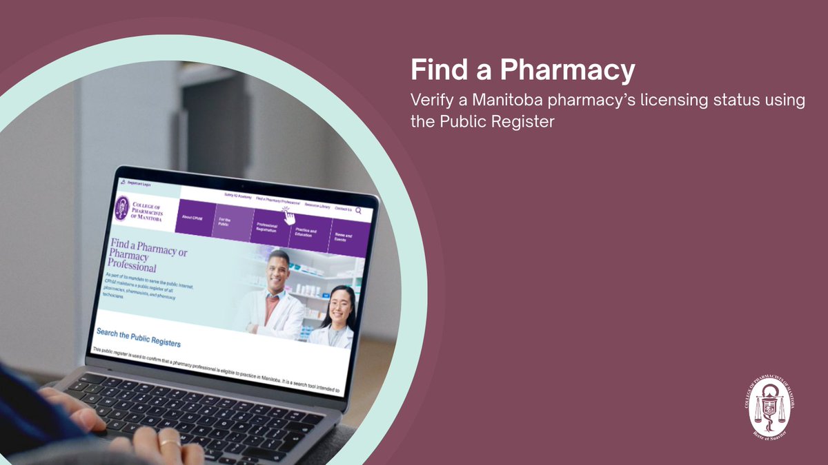 TheCPhM's tweet photo. Verify a Manitoba pharmacy’s licensing status using CPhM's Public Register. If a pharmacy is not listed, it is not licensed in Manitoba. 

Learn more or access the Public Register here: https://t.co/1RhuKVtI8o https://t.co/dlIRNrTtl0