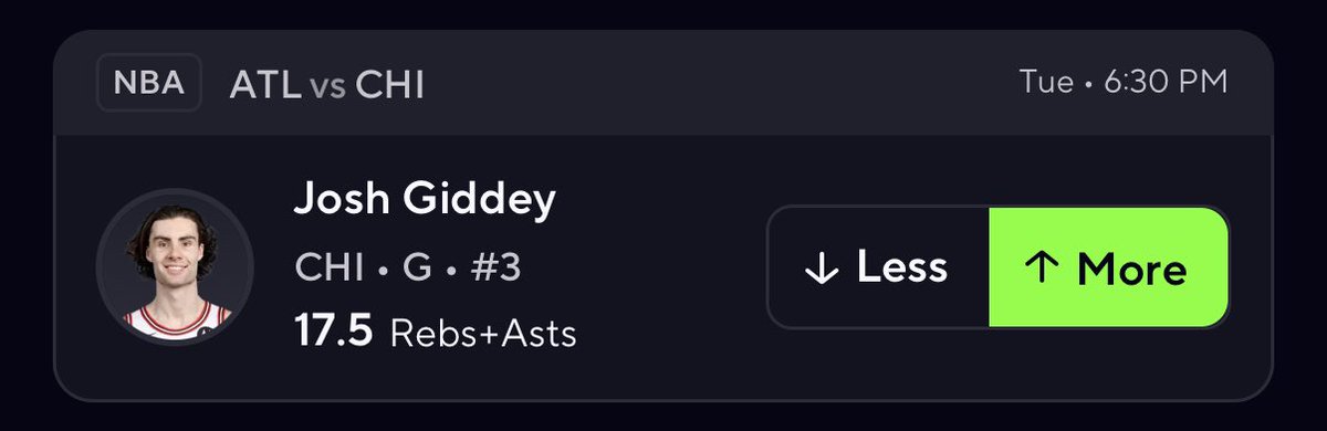 NBA PLAY🏀

JOSH GIDDEY o17.5 RA

#prizepicks