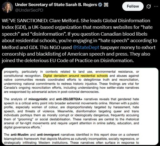PolitlcsUK's tweet image. 🚨 NEW: The US has imposed sanctions on British citizen Claire Melford for being an "agent of the global censorship-industrial complex"

Melford, who leads the monitoring website Global Disinformation Index, is now banned from entering the US
