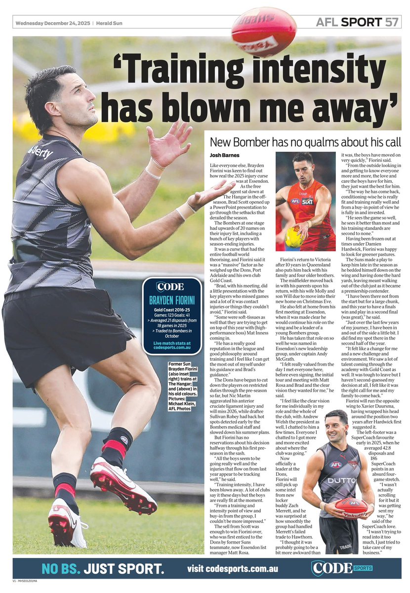 Brayden Fiorini on training intensity, the Brad Scott pitch/presentation about the truth behind the 2025 injury crisis, and the ‘Clear Vision’ from Brad that lured him to Essendon and allayed fears of a crisis. 

#GoDons