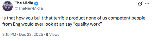 tetsuoai's tweet image. Your hobby projects are not a product, and the infosec gatekeepers who treat them like one are deranged.

Something built in someone's free time, shared for free, never intended for production, is a person learning in public.

Yet every time someone shares their work, the…