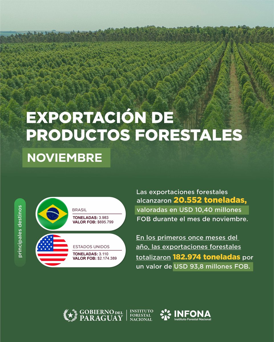 📈🌲 El sector forestal paraguayo supera los USD 100 millones en exportaciones 
En noviembre, las exportaciones forestales alcanzaron USD 10,4 millones.
Más valor agregado y mayor competitividad para el Paraguay. 🇵🇾