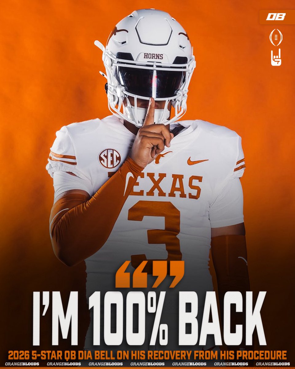 orangebloods_'s tweet image. UPDATE: 2026 5⭐️ QB Dia Bell has fully recovered from the procedure that ended his senior season, he tells Orangebloods’ @OB_JasonS 

“I’m 100 percent back, I’ve been lifting, throwing, running. I’ve been feeling great.”

🔗read more here🔗 :forums.orangebloods.com/index.php?thre…