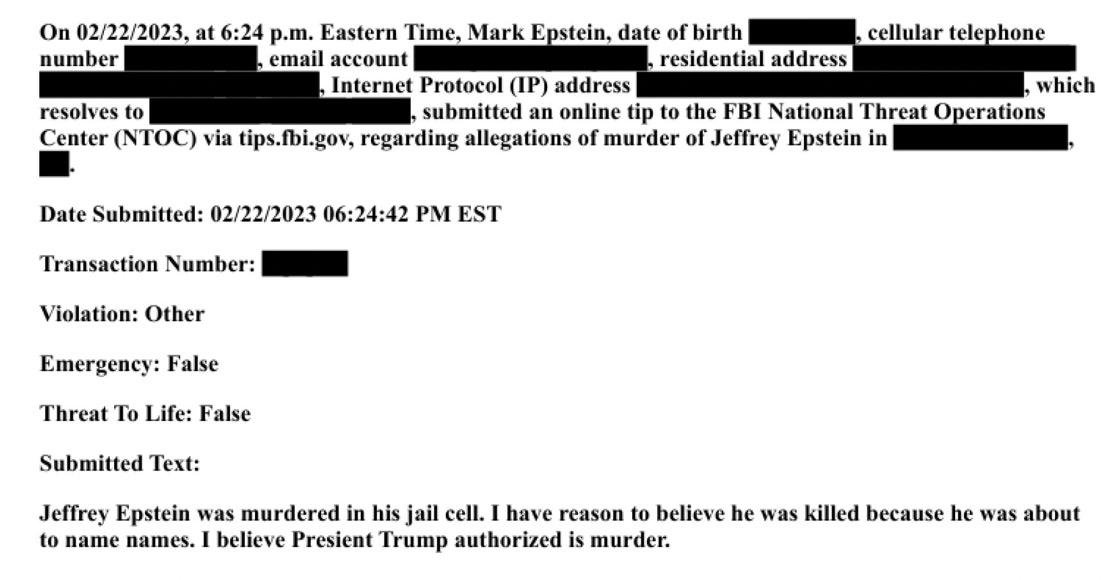 jacksonhinklle's tweet image. 🚨🇺🇸 BREAKING: The brother of Jeffrey Epstein, Mark told FBI his brother was murdered and Trump authorized it, new released document shows.