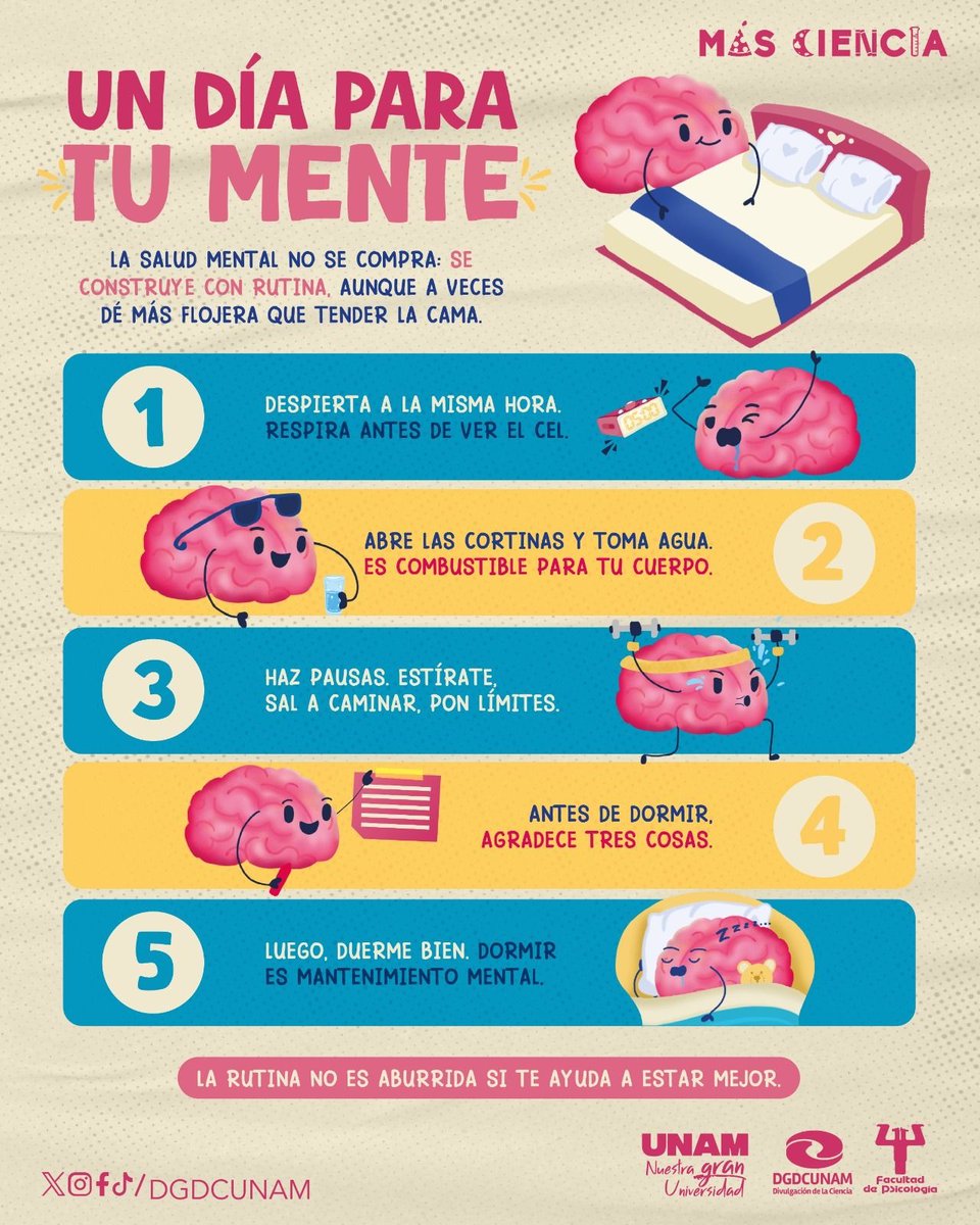 Nuevo año, nueva rutina. ¿Qué tal una para tu salud mental? 🧠🌞 Pequeños hábitos pueden representar una gran ayuda. Infografía de <a href="/DGDCUNAM/">Divulgación de la Ciencia, UNAM</a> 👇.