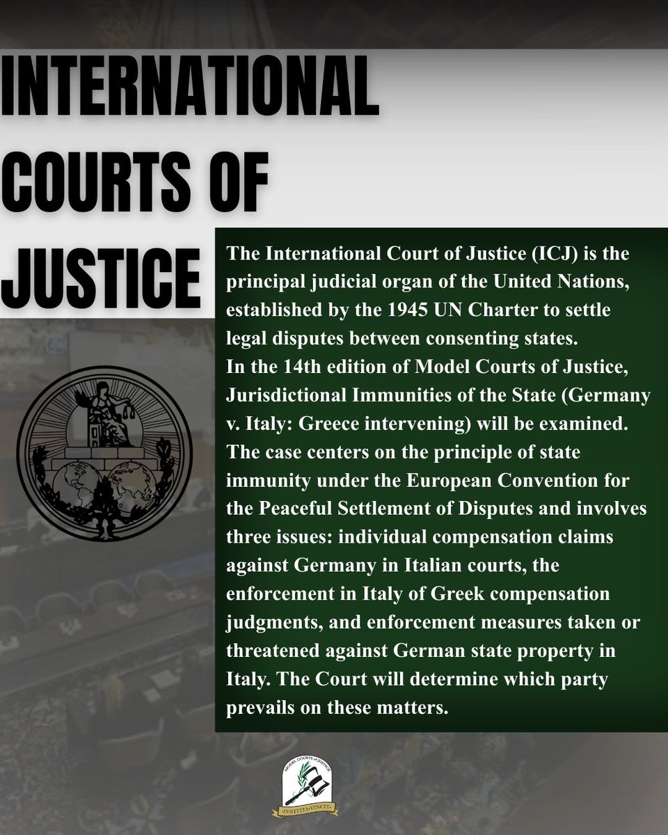 ModelCJ26's tweet image. Our first court is the International Court of Justice (ICJ), based in The Hague.
This year, the Germany–Italy dispute will be examined.