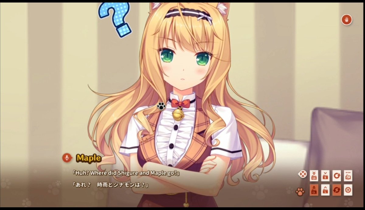 RafaTheDead's tweet photo. @nekoconne_en Hi, i see this error apear in the movile version like in the steam version, when Maple ask for Cinnamon and Shigure, in english she ask for herself but in the japanese its correct https://t.co/f0IULsKIQ5