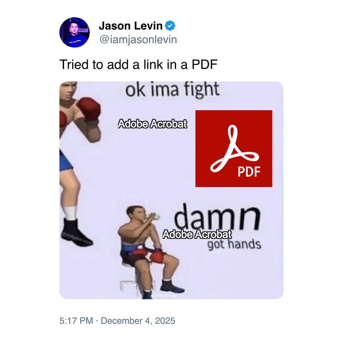 iamjasonlevin's tweet image. I was fired from my job today.

I was in charge of redacting the Epstein Files for the DOJ

On December 4th, I tweeted about struggling to figure out Adobe Acrobat (see image below), but most of the government was laid off so they didn't see my cry for help.

In desperation, I…