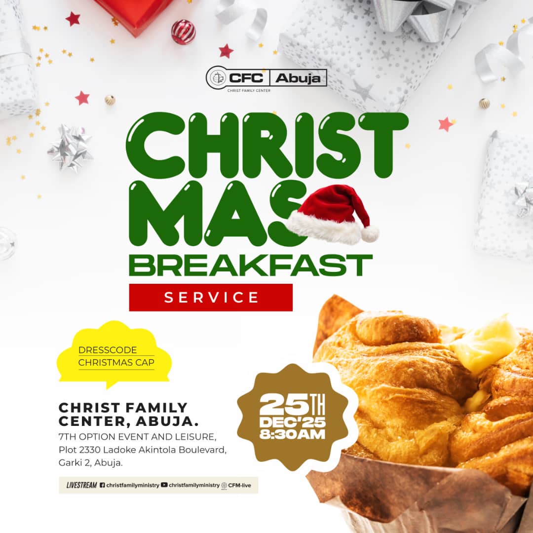 You're invited to our Christmas Breakfast Service at 7th Option Events &amp; Leisure Centre on December 25th at 8:30 am! 🎅🎄
Join us for a special time of worship, fellowship, and festive cheer 🍞🥞☕️. See you there!

#PastorAromeTokula 
#CFCAbuja
#ChristFamilyMinistry 
#LoveIsKing