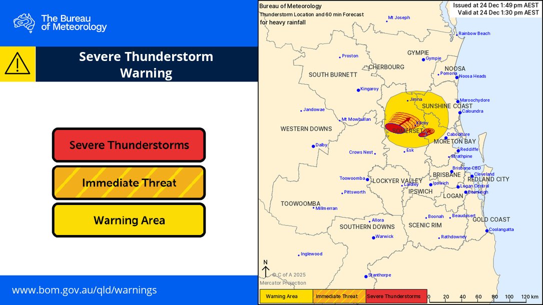 ⚠️⛈️Severe Thunderstorm Warning - Southeast Queensland for HEAVY RAINFALL
parts of Somerset and Moreton Bay Council Areas.

Slow moving severe storms are producing heavy rainfall around Kilcoy.

bom.gov.au/warning/severe…