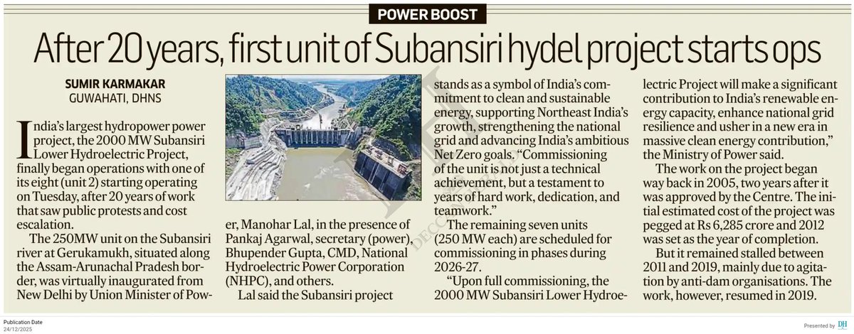 #India's largest hydroproject, 2000MW #Subansiri Lower Hydroelectric project, begins operation at #Gerukamukh after 20 years of work. 
deccanherald.com/india/assam/in…