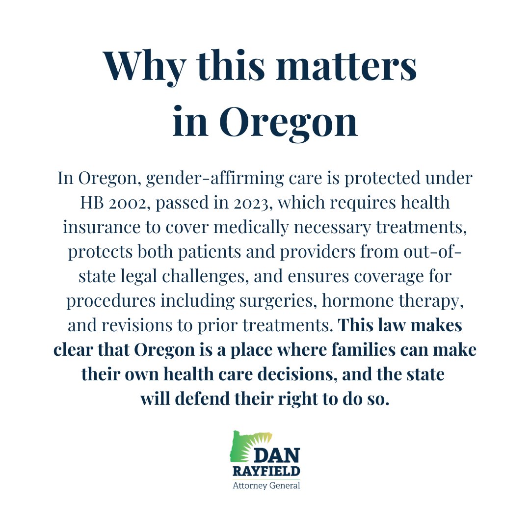 AGDanRayfield's tweet image. BREAKING NEWS: We’re leading a lawsuit challenging federal attacks on gender-affirming care. Healthcare decisions belong w/families &amp;amp; providers, not the government – and the gov't can't use a “declaration” to circumvent legal requirements for policy change. #orpol #breakingnews