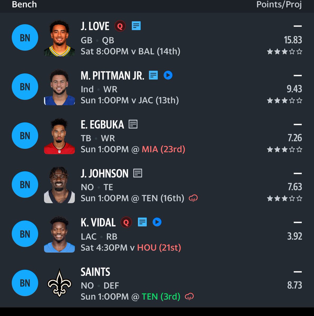 twytTushar's tweet photo. @DhananiZain Is starting mine up good? Whom would you switch? Also can pick up sough for baker and Taysom is available as well if you think it’s pick over Juwan/waller https://t.co/akMBPeZWWp