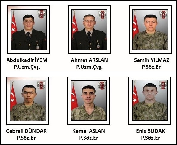 23 12 2023 tarihinde Pençe Kilit operasyon bölgesinde üssümüze sızma girişiminde bulunan, alçak ABD'nin kara gücüm dediği PKK'lı teröristlerle kahramanca çarpışarak şehit olan altı kahraman askerimizin ruhu şad olsun. VATAN, ŞEHİTLERİMİZE  MİNNETTARDIR
